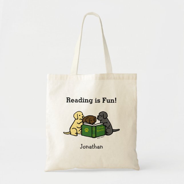 Labrador Puppies Reading Cartoon Tote Bag (Front)
