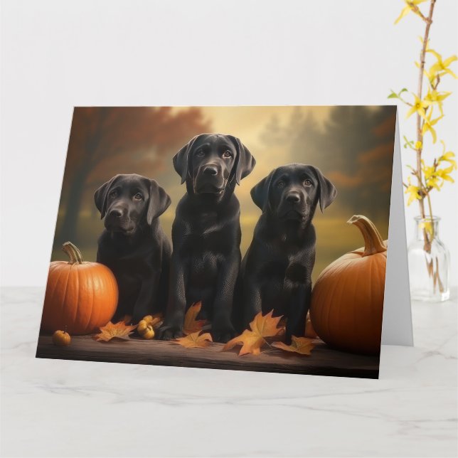 Labrador Puppy Autumn Delight Pumpkin  Card (Yellow Flower)