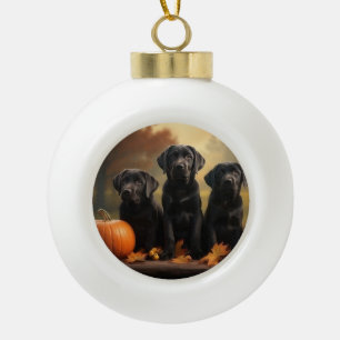 Labrador Puppy Autumn Delight Pumpkin Ceramic Ball Christmas Ornament