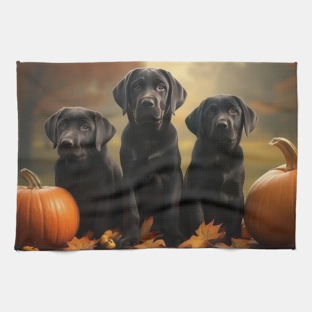 Labrador Puppy Autumn Delight Pumpkin  Kitchen Towel (Horizontal)