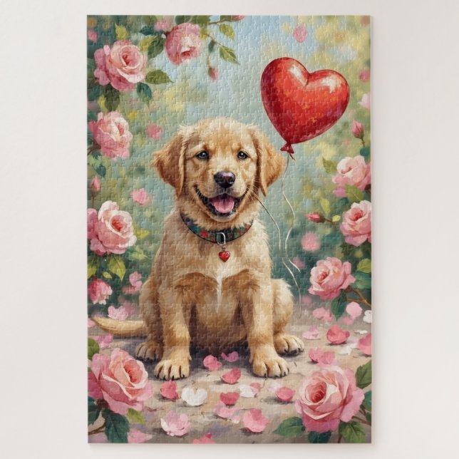 Labrador Puppy Rose Petals Valentine's Day Jigsaw Puzzle (Vertical)