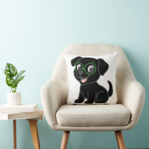 Labrador Retriever Black Cartoon With Glasses Throw Pillow