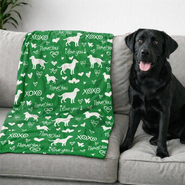 Labrador Retriever Blanket with Heart Doodles  (Green blanket - Lab Retriever )