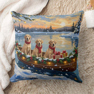 Labrador Retriever Christmas Boat Holiday Throw Pillow