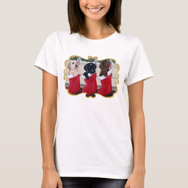 Labrador Retriever Christmas Puppies Painting T-Shirt (Front)