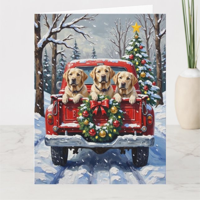 Labrador Retriever Christmas Red Truck Holiday Card (Front)
