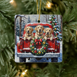 Labrador Retriever Christmas Red Truck Holiday Ceramic Ornament
