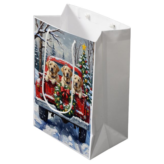 Labrador Retriever Christmas Red Truck Holiday Medium Gift Bag (Front Angled)