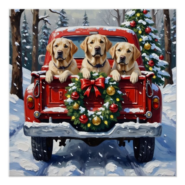Labrador Retriever Christmas Red Truck Holiday Poster (Front)