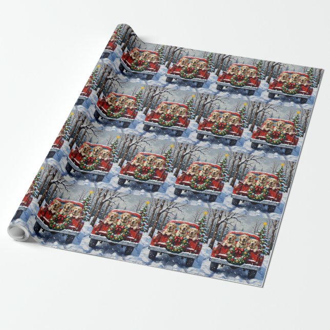 Labrador Retriever Christmas Red Truck Holiday Wrapping Paper (Unrolled)