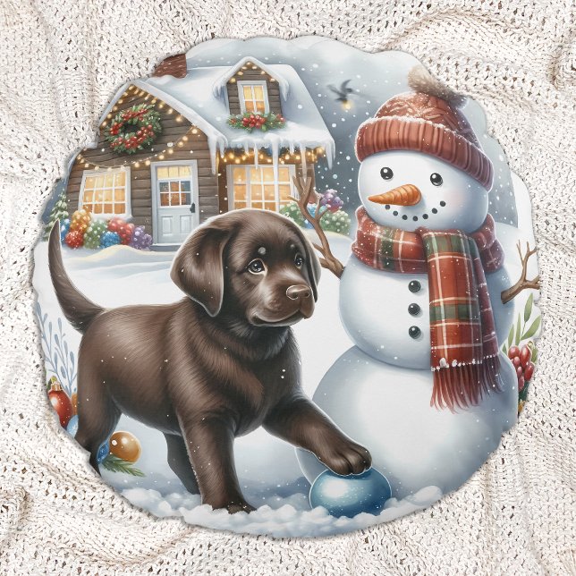Labrador Retriever Christmas Snowman Puppy Dog  Round Pillow (Creator Uploaded)