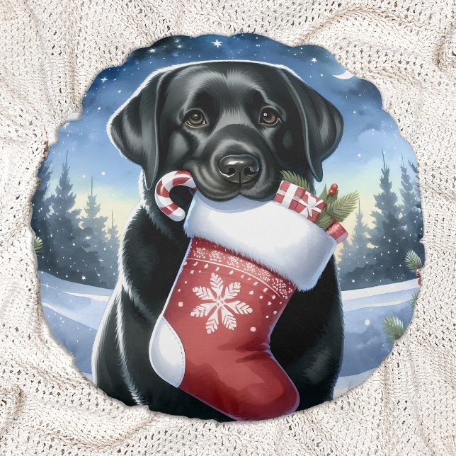 Labrador Retriever Christmas Stocking Puppy Dog  Round Pillow (Creator Uploaded)