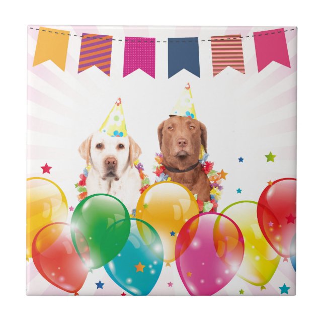 Labrador Retriever Dog Balloons Birthday Tile (Front)