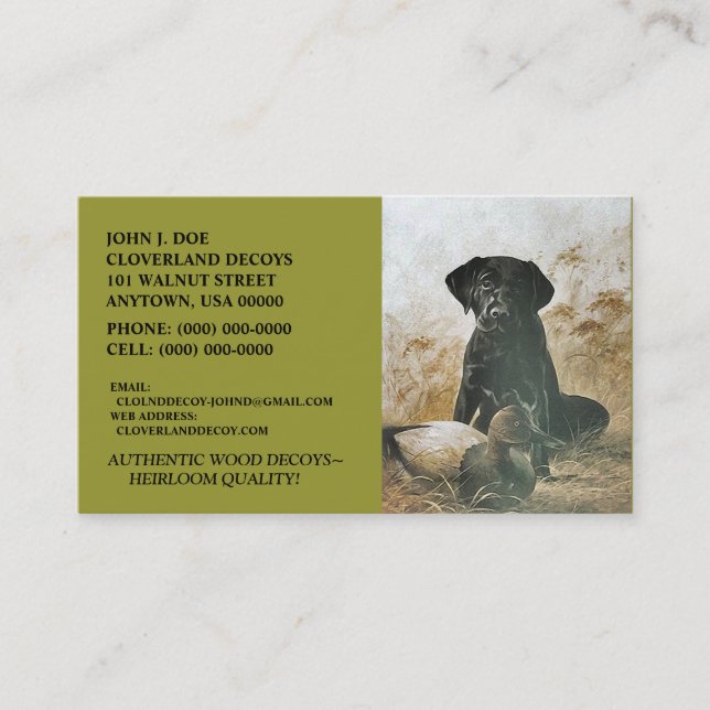 LABRADOR RETRIEVER DOG & DECOY ~BUSINESS CARDS! BUSINESS CARD (Front)