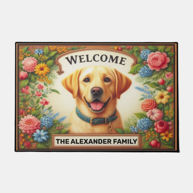 Labrador Retriever Dog Haven, Floral Chic Welcome Doormat (Front)