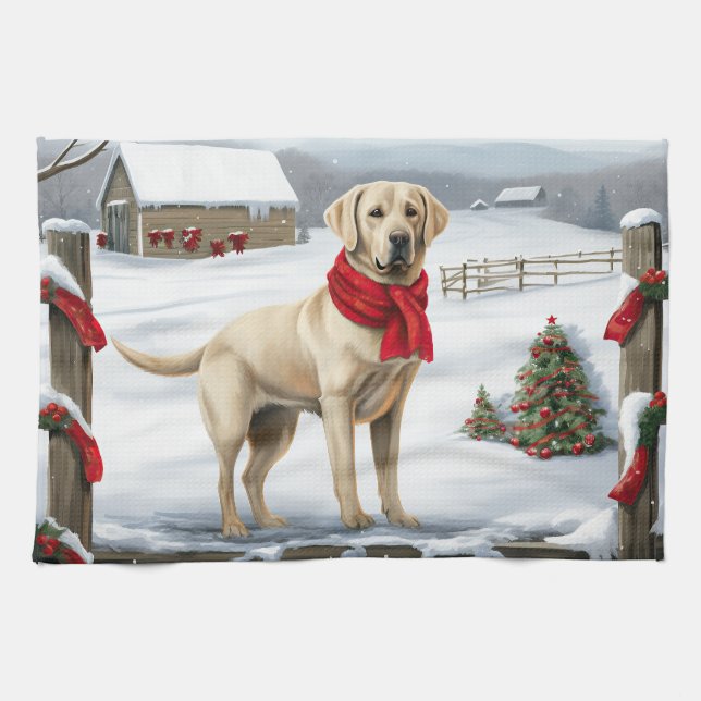 Labrador Retriever Dog in Snow Christmas Kitchen Towel (Horizontal)