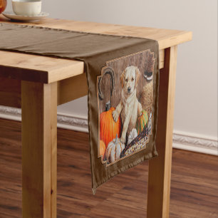 Labrador Retriever Dog & Pumpkins Brown Short Table Runner