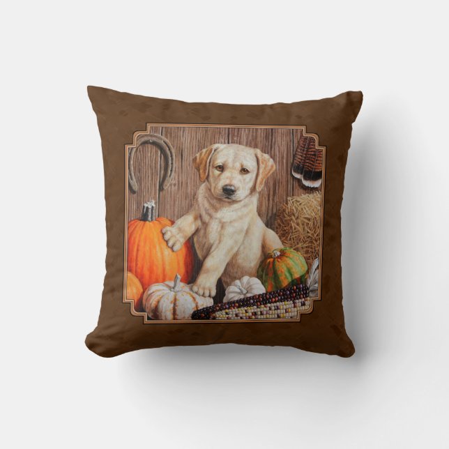 Labrador Retriever Dog & Pumpkins Brown Throw Pillow (Front)