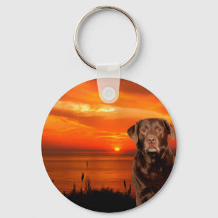 Labrador Retriever Dog Sitting beside Sunset Keychain
