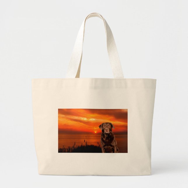 Labrador Retriever Dog Sitting beside Sunset Large Tote Bag (Front)