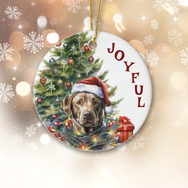 Labrador Retriever Dog Wrapped in Christmas Lights Ceramic Ornament (Creator Uploaded)