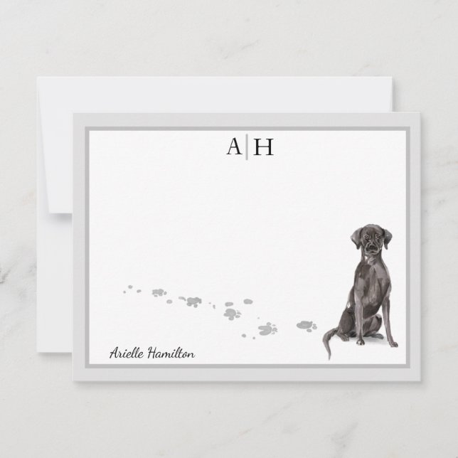 Labrador Retriever Grey Border Monogram Note Card (Front)