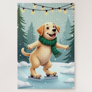 Labrador Retriever Ice Skating Christmas Painting Jigsaw Puzzle