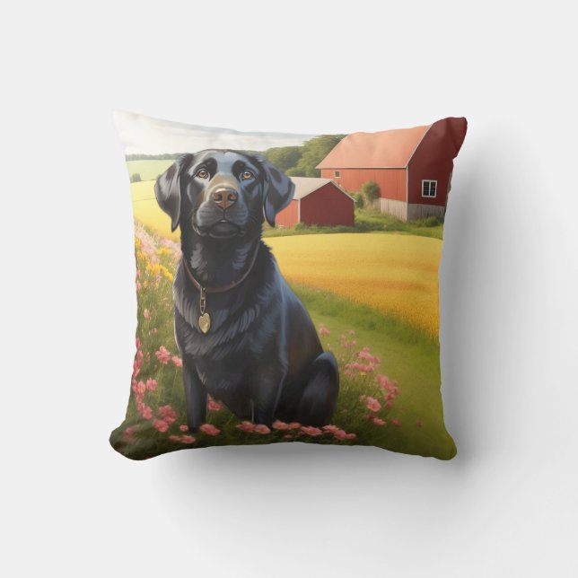 Labrador Retriever on Farm Throw Pillow (Front)