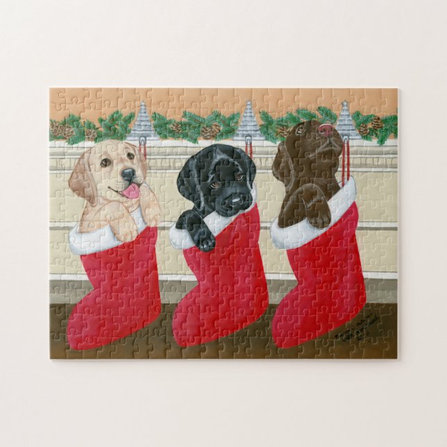 Labrador Retriever Puppies Christmas Painting Jigsaw Puzzle (Horizontal)
