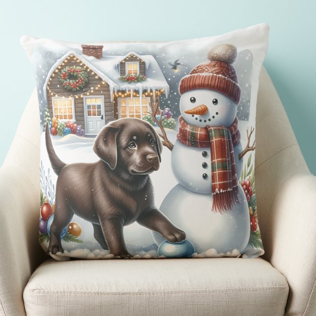 Labrador Retriever Puppy Dog Snowman Christmas Throw Pillow (Creator Uploaded)