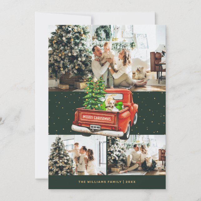 Labrador Retriever Red Truck Green Photo Christmas Holiday Card (Front)
