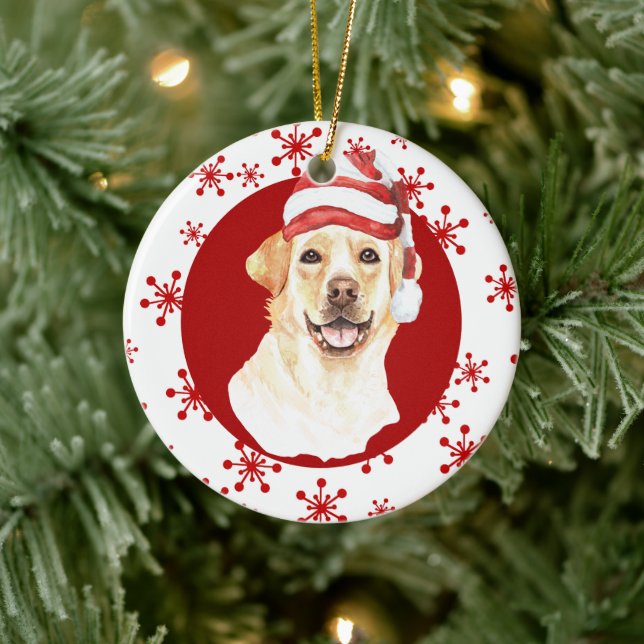 Labrador Retriever Santa Hat Red Snowflake Ceramic Ornament (Tree)