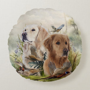 Labrador Retrievers with Pheasant ,Art Round Pillow