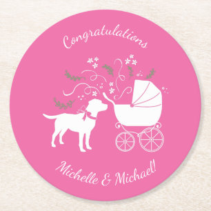 Labrador Theme Dog Baby Shower Pink Lab Round Paper Coaster
