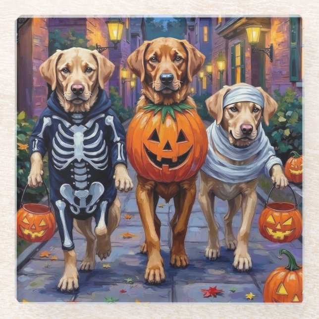 Labrador Trick-or-Treating in Halloween Costumes Glass Coaster (Front)