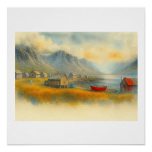Labrador Village With Red Boat, Poster