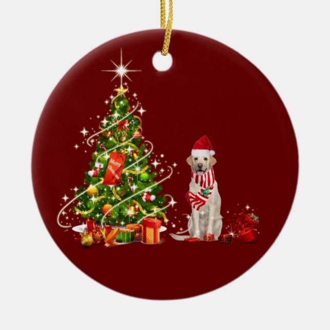 labrador With Hat Scaft Christmas Ceramic Ornament (Front)