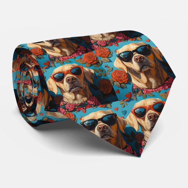 Labrador with Heart Roses Valentine's Day Tie (Rolled)