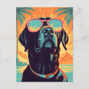 Labrador with sunglasses at a beach postcard