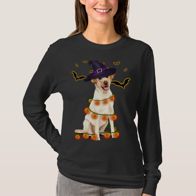 Labrador Wizard Hat Tree Lights Pumpkin Party Hall T-Shirt (Front)