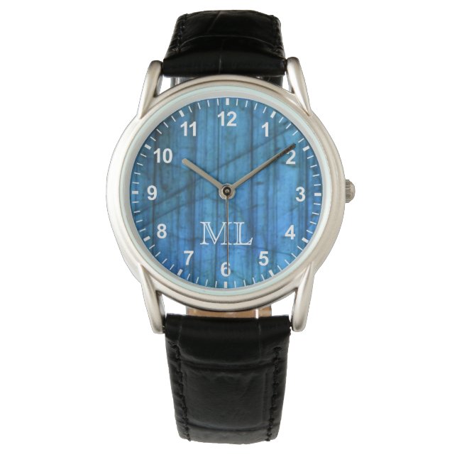 Labradorite Gems Blue Monogram Numbers Watch (Front)