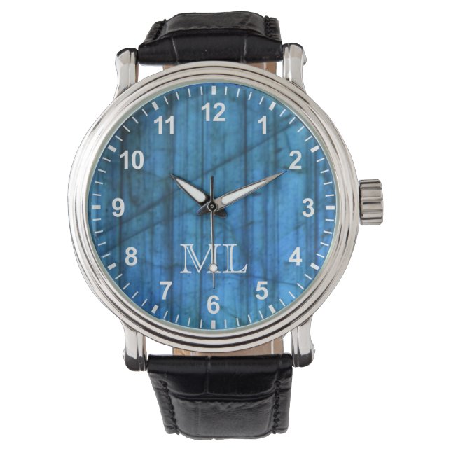 Labradorite Gems Blue Monogram Numbers  Watch (Front)