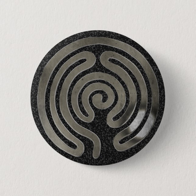 labyrinth antique silver | black splatter 2 inch round button (Front)