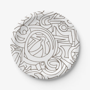 Labyrinth-Black and White Abstract Art Paper Plate