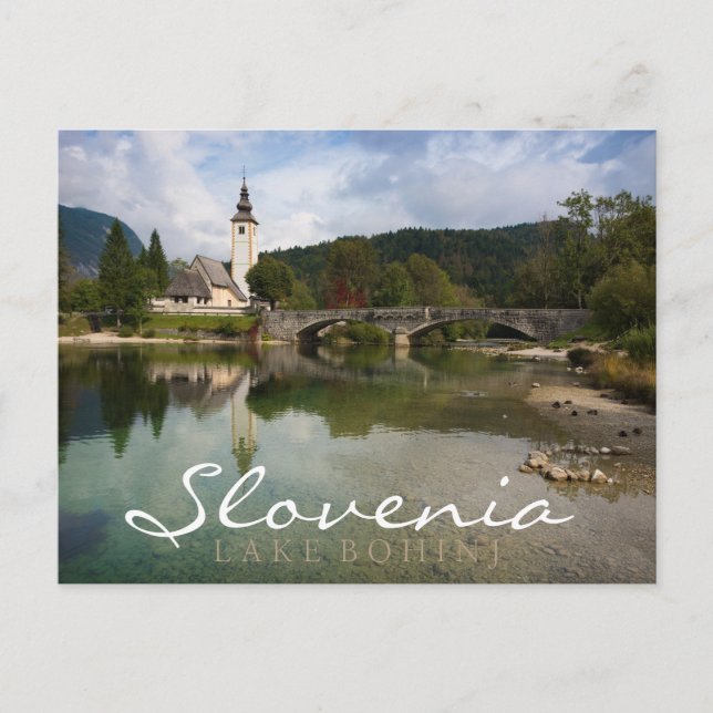 Lac Bohinj avec église, Slovénie double carte text (Devant)