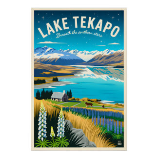 Lac Tekapo Nouvelle-Zélande Affiches de Voyage Rét