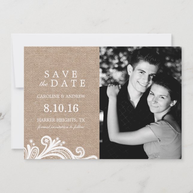 Lace and Burlap Photo Save the Date (Front)