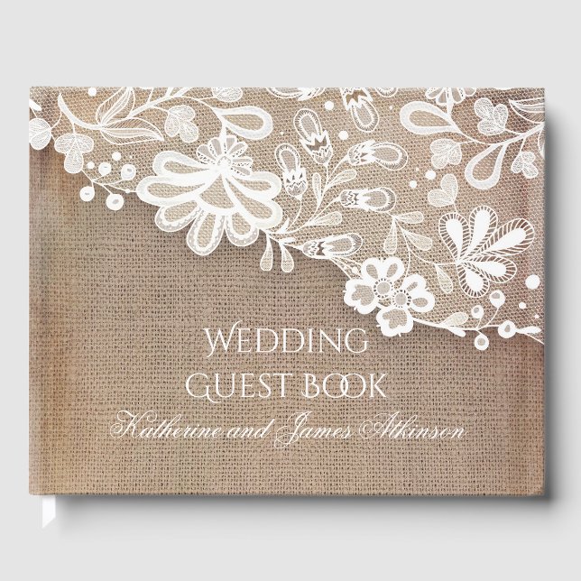 Lace and Burlap Rustic Country Wedding Guest Book (Front)