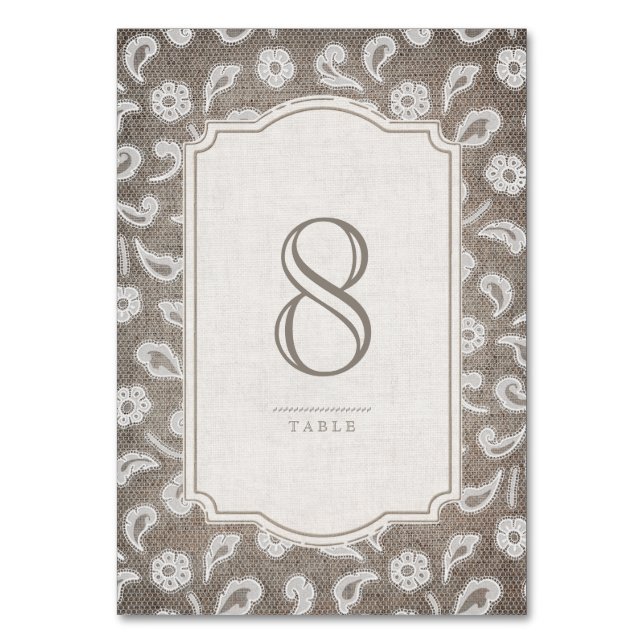 Lace and burlap rustic country wedding table card (Front)