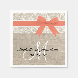 Lace and Burlap Rustic Wedding Napkin Coral